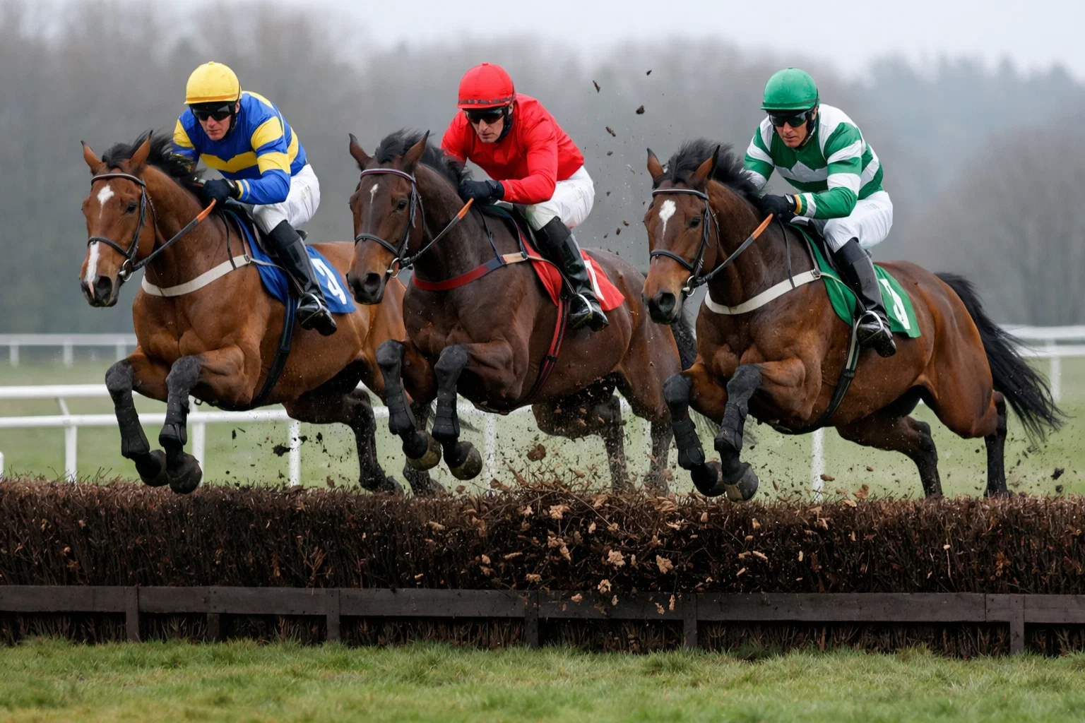 Horses jumping a steeplechase fence during a National Hunt race at a British racecourse