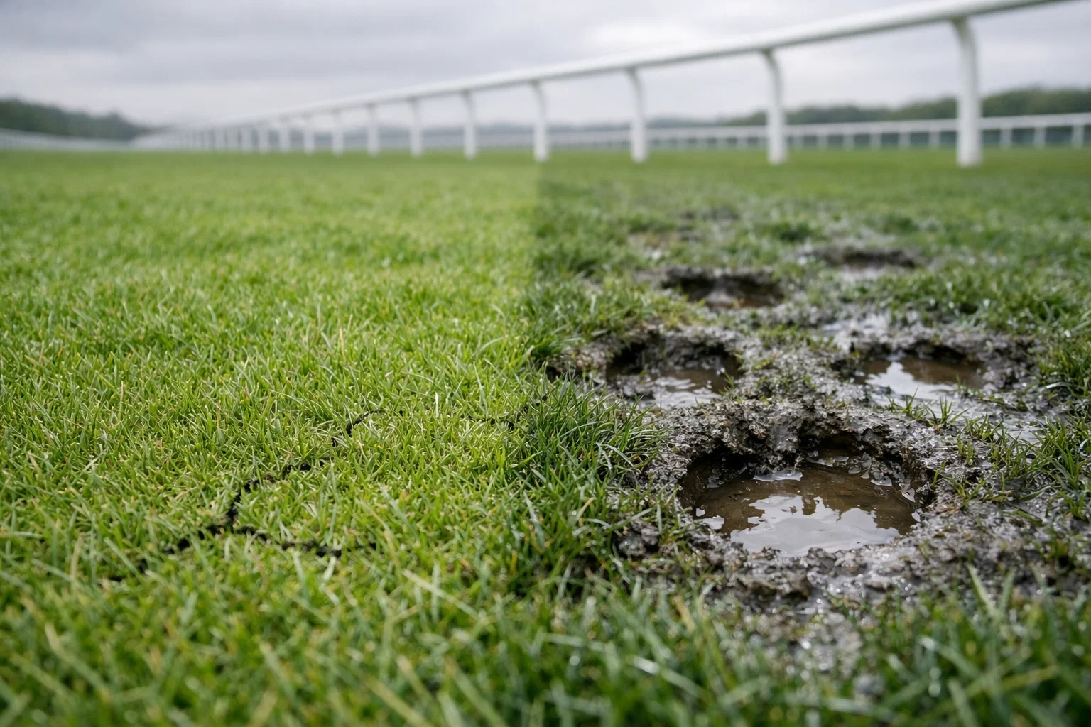 Close-up of soft turf going at a British racecourse with visible hoof prints
