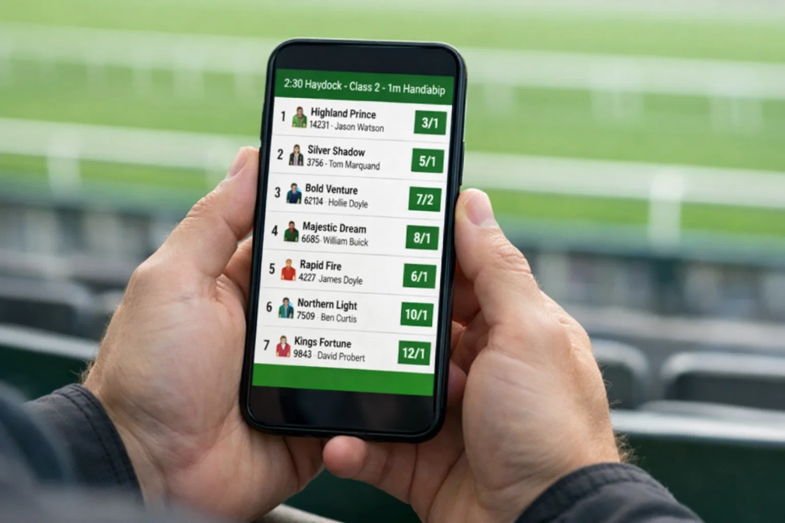Smartphone displaying a UK online racecard with live odds and form data