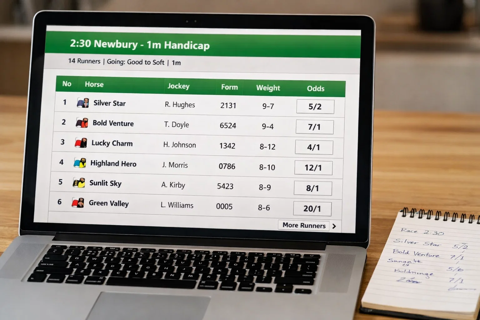 Annotated UK racecard layout showing runner rows, form figures and odds columns