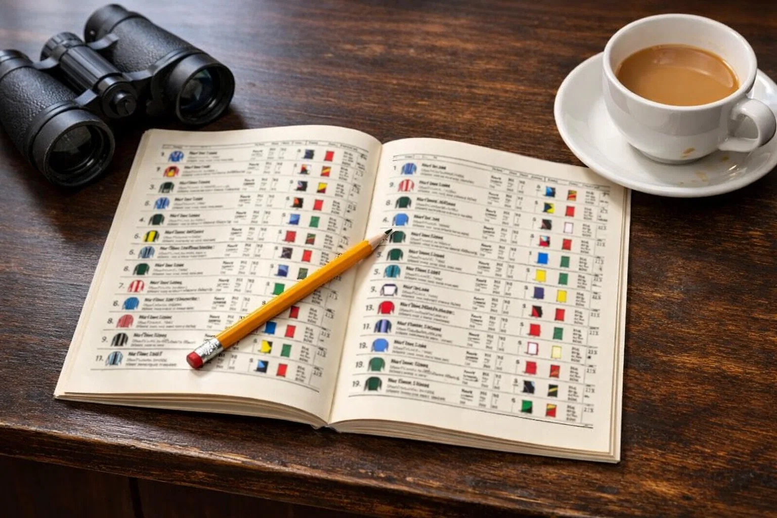 Printed racecard programme lying on a bookmaker desk at a British racecourse