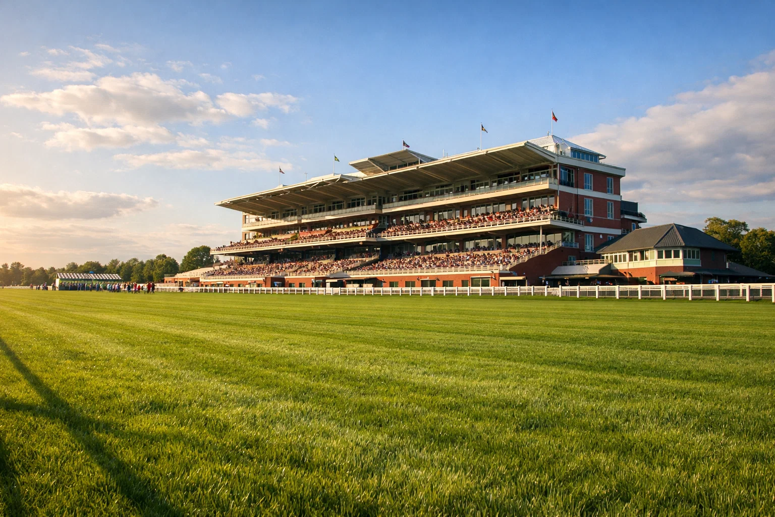 British racecourse grandstand overlooking green turf track on a sunny raceday