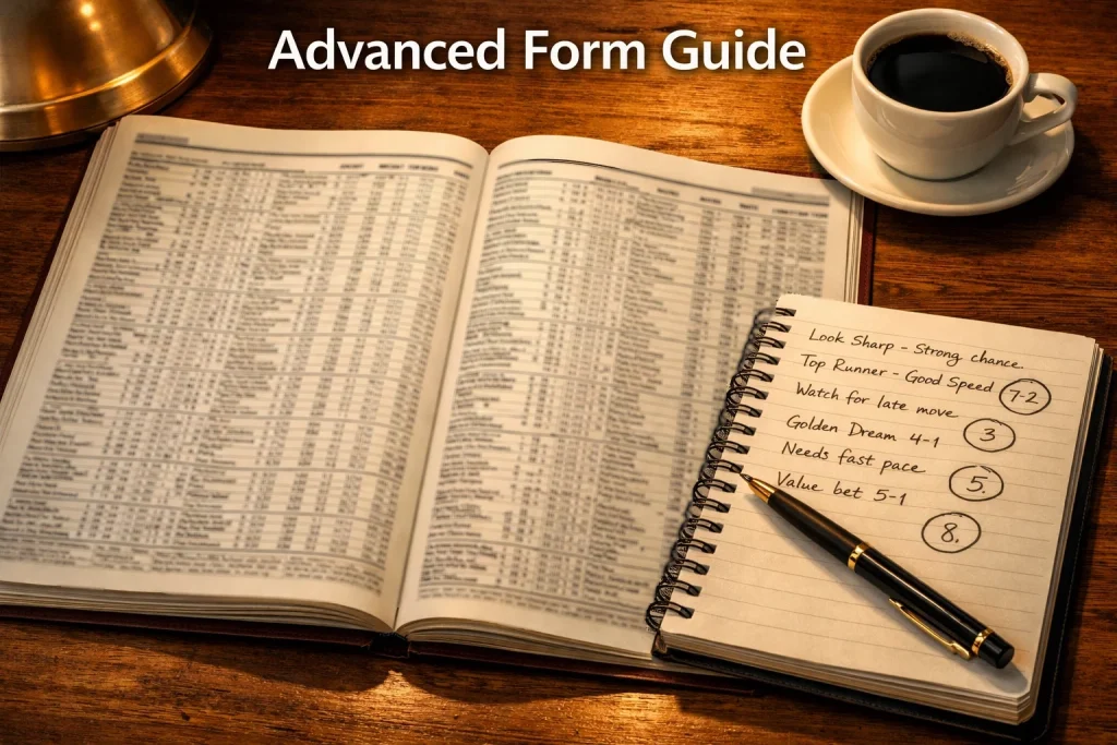 A detailed form guide page with columns of racing data spread across a desk next to a notebook and pen
