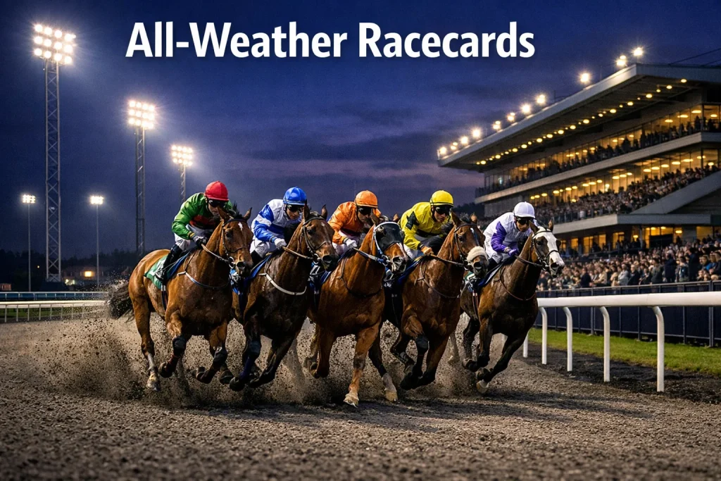 Horses racing on a synthetic all-weather surface under floodlights at an evening meeting in Britain