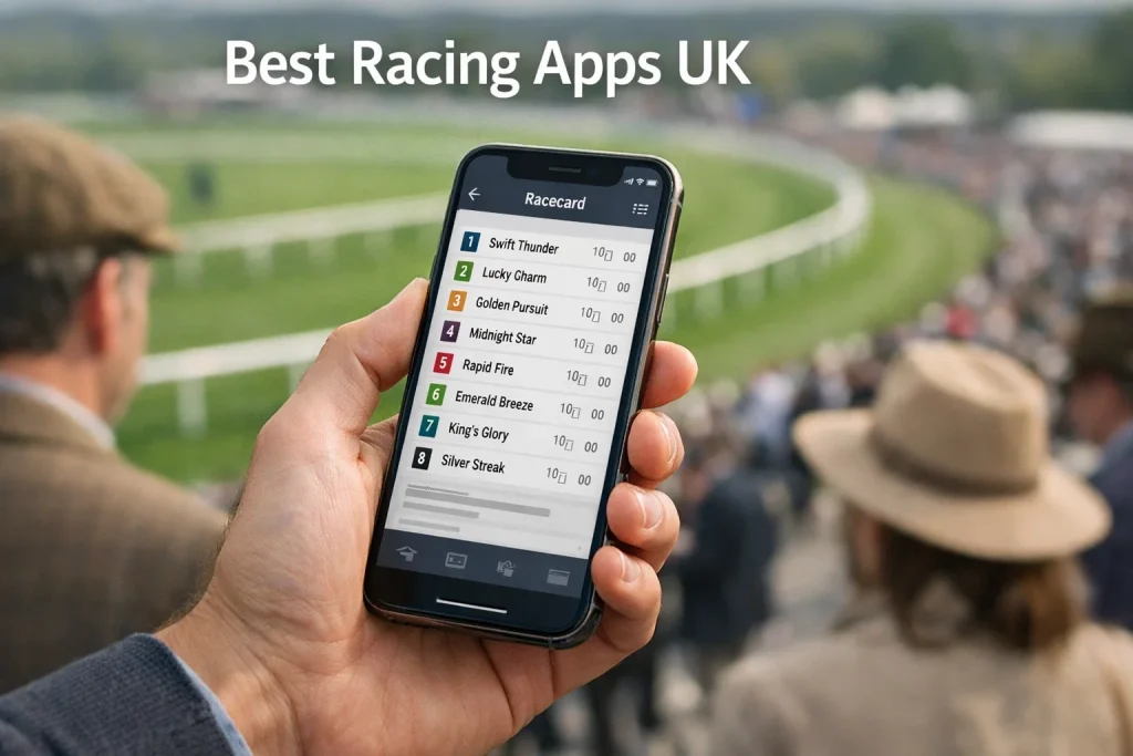 A person holding a smartphone showing a racecard app at a British racecourse with the track in the background
