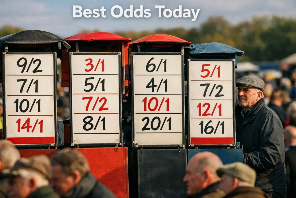 A row of bookmaker price boards at a British racecourse showing fractional odds for the next race