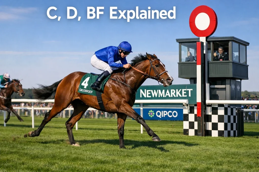 A horse winning a race at a specific British racecourse with the course name board visible in the frame