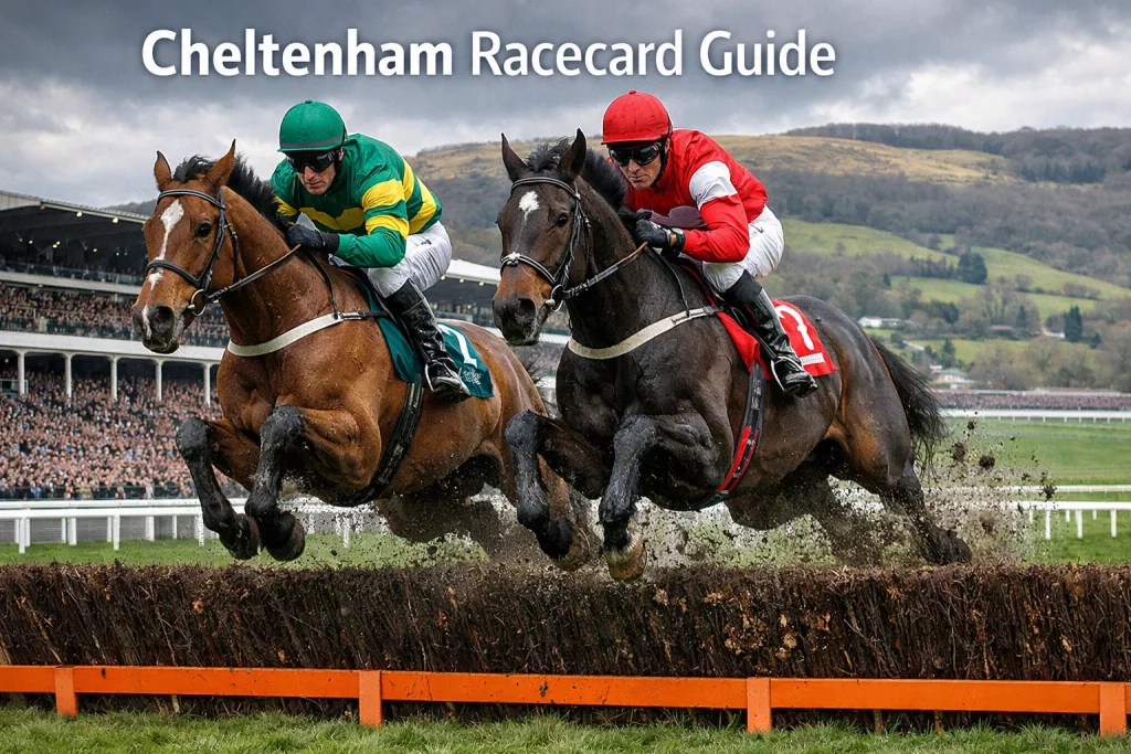 Horses jumping a fence during the Cheltenham Festival with the famous hill and packed grandstands behind