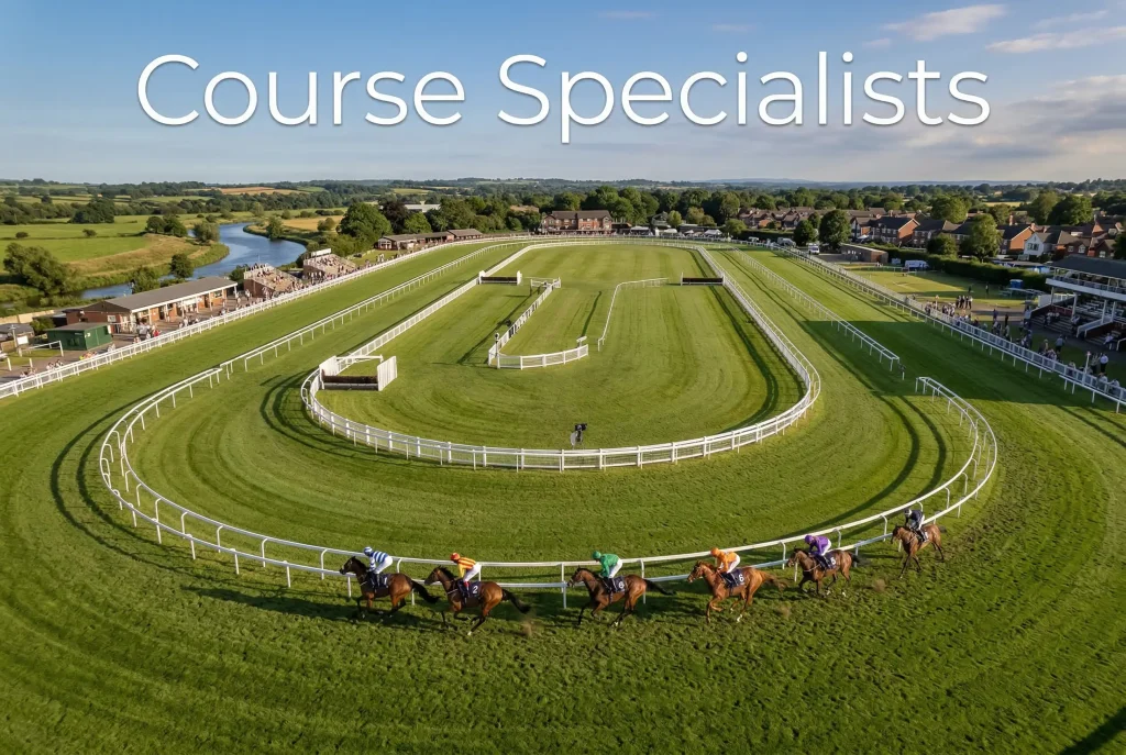 An aerial view of a distinctive British racecourse layout showing the tight bends and track configuration