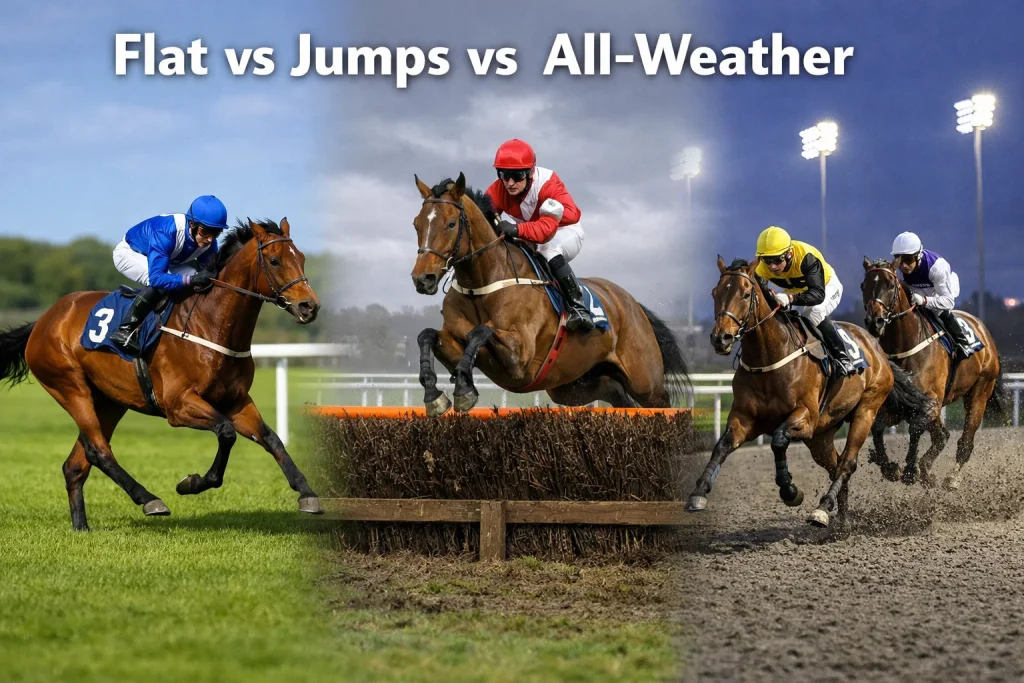 Flat versus National Hunt versus all-weather horse racing with horses jumping a fence at a British racecourse