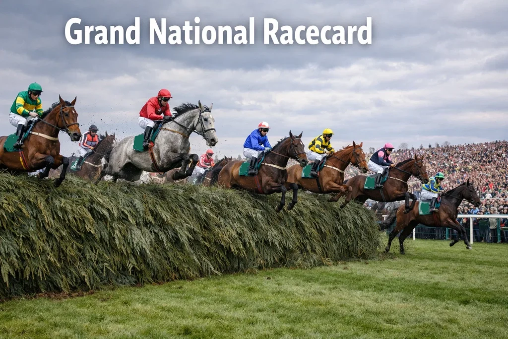 A large field of horses clearing Becher