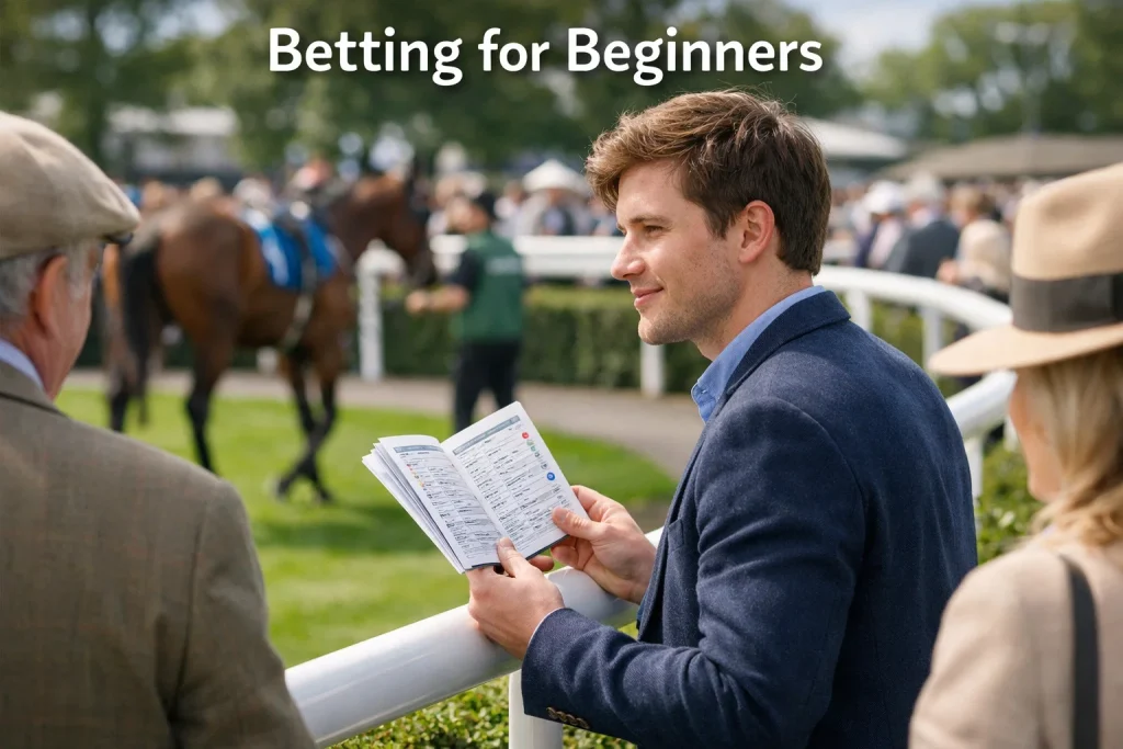 A first-time racegoer at a British racecourse holding a racecard and looking at the parade ring