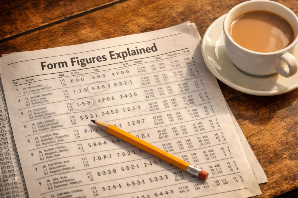 Horse racing form figures with numbers and letters on a printed UK racecard page