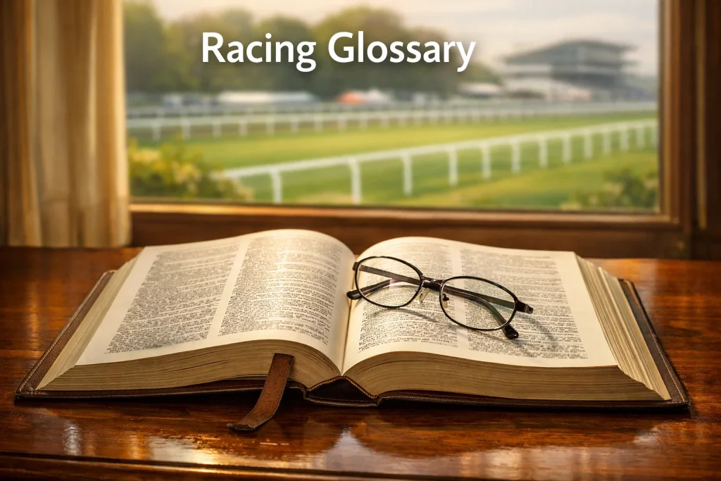An open horse racing encyclopaedia or reference book on a wooden table with a racecourse scene visible through a window