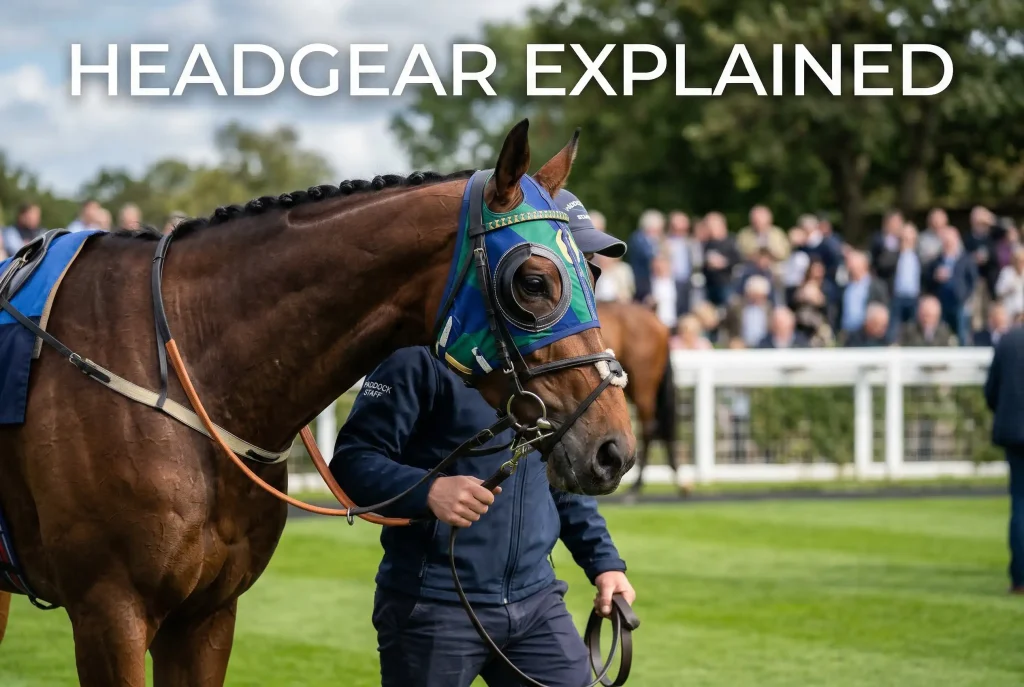 A racehorse wearing blinkers and colourful hood being led through the paddock before a race