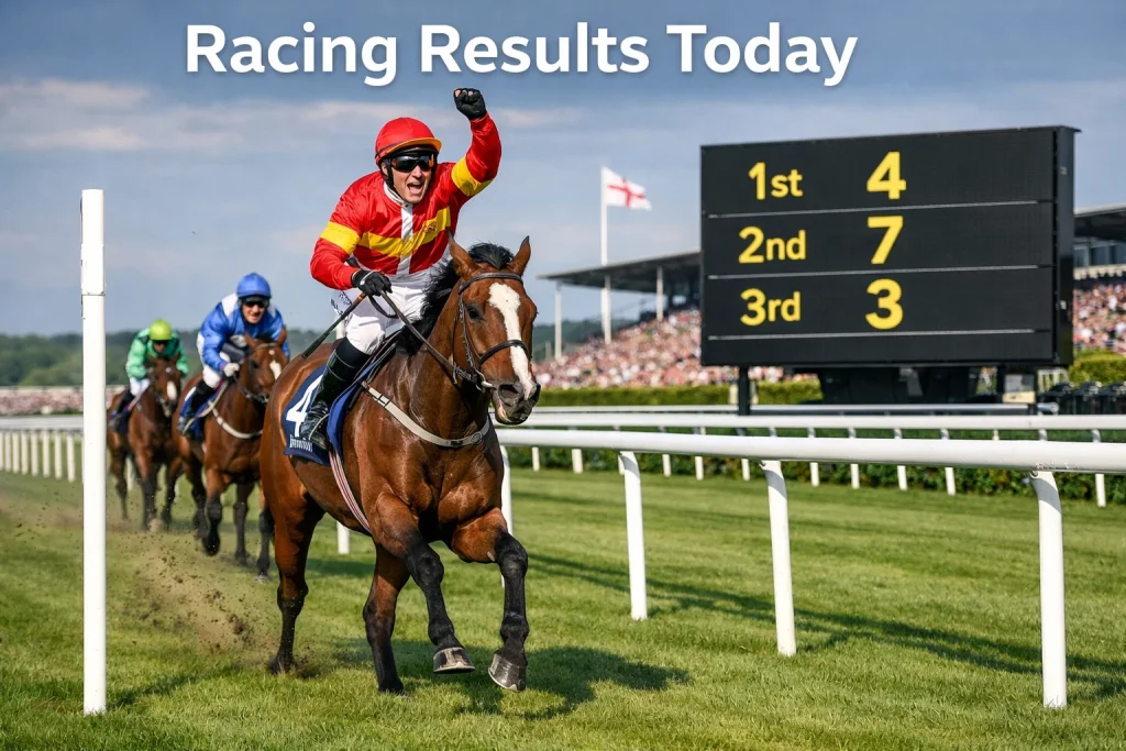 A winning horse and jockey crossing the finish line at a British racecourse with the result board visible