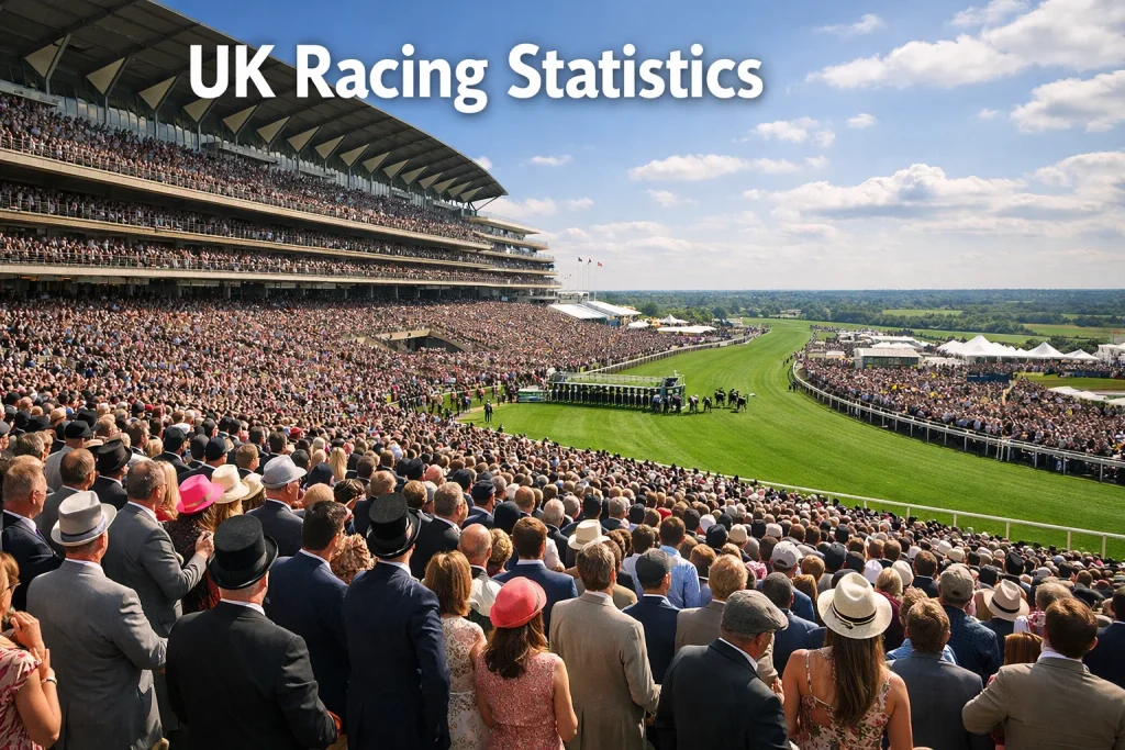 A packed British racecourse grandstand on a Saturday afternoon with thousands of racegoers watching the action