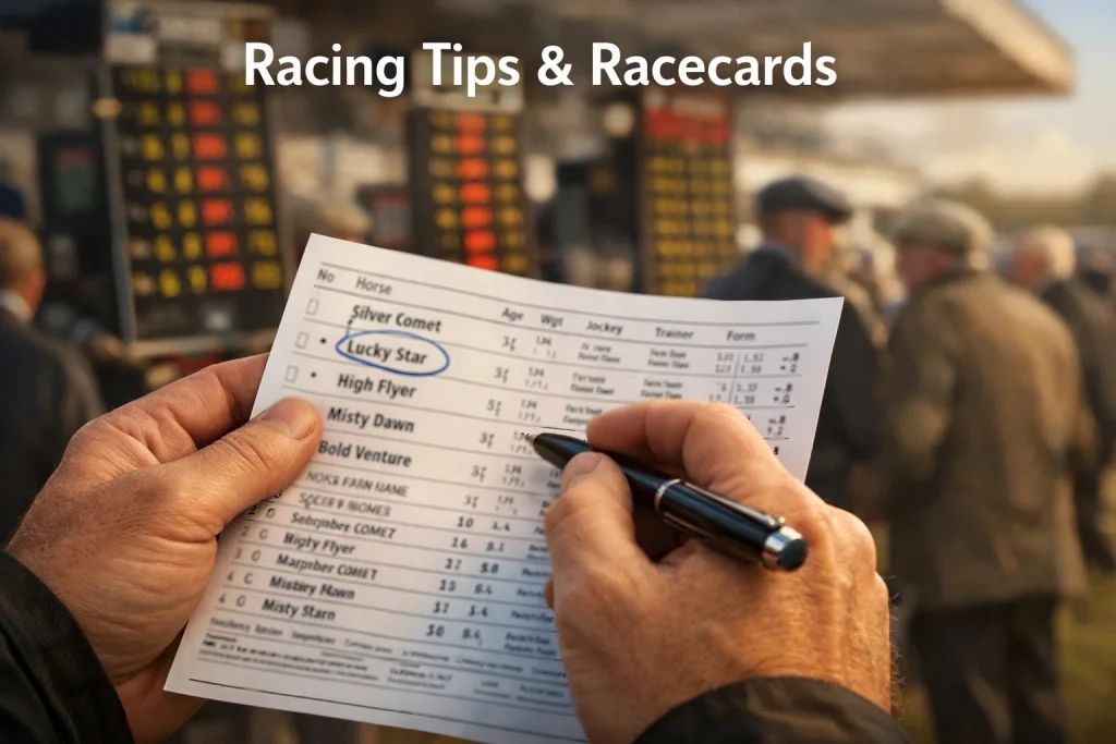 A person studying a racecard with a pen in hand, marking selections at a racecourse betting ring