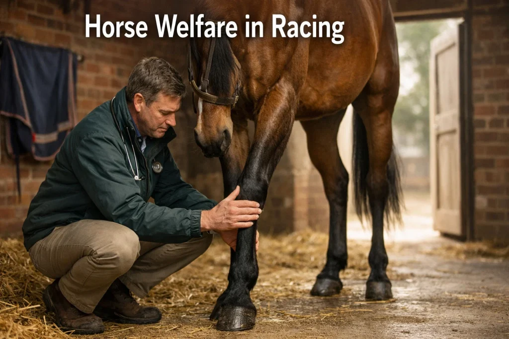 A veterinarian examining a racehorse in the stable yard, checking the horse