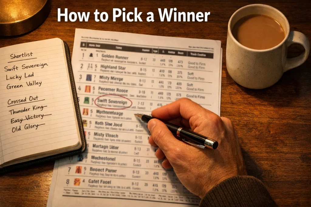 A person circling a horse name on a printed racecard with a pen, analysing form data at a desk