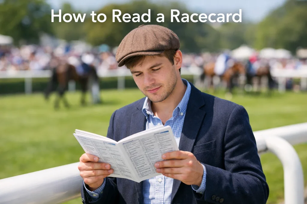A racegoer holding an open racecard programme at a British racecourse on a sunny day