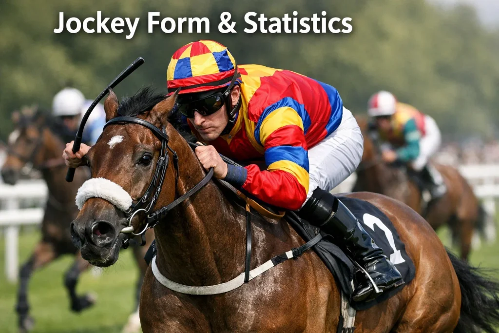 A jockey in colourful racing silks riding a horse at full gallop during a race at a British flat racecourse