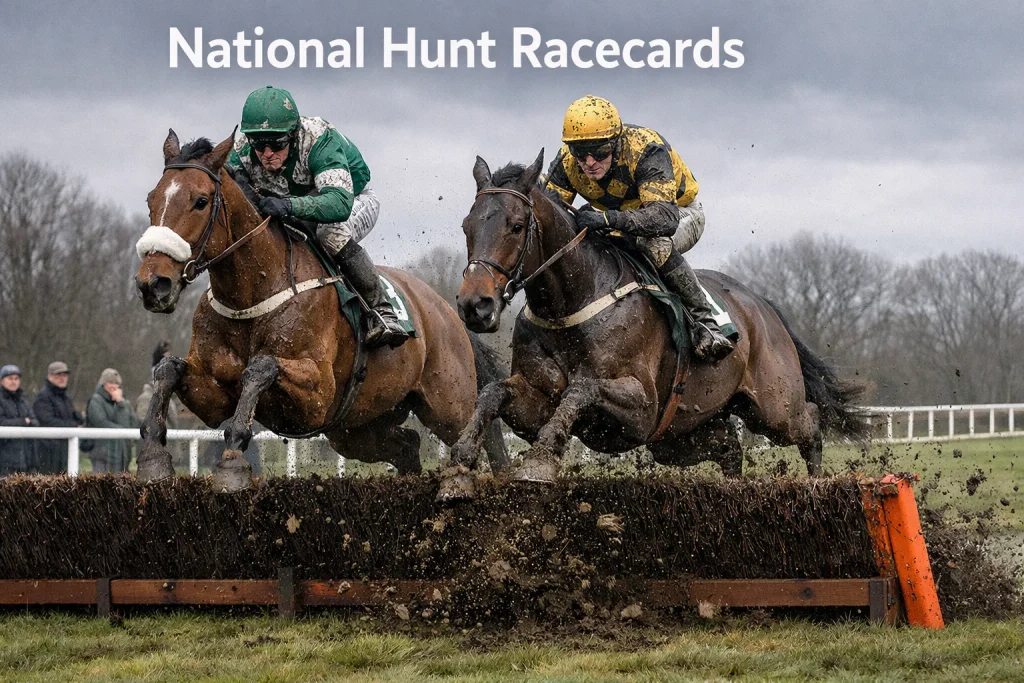 Horses clearing a hurdle in a National Hunt race on soft ground at a winter British racecourse