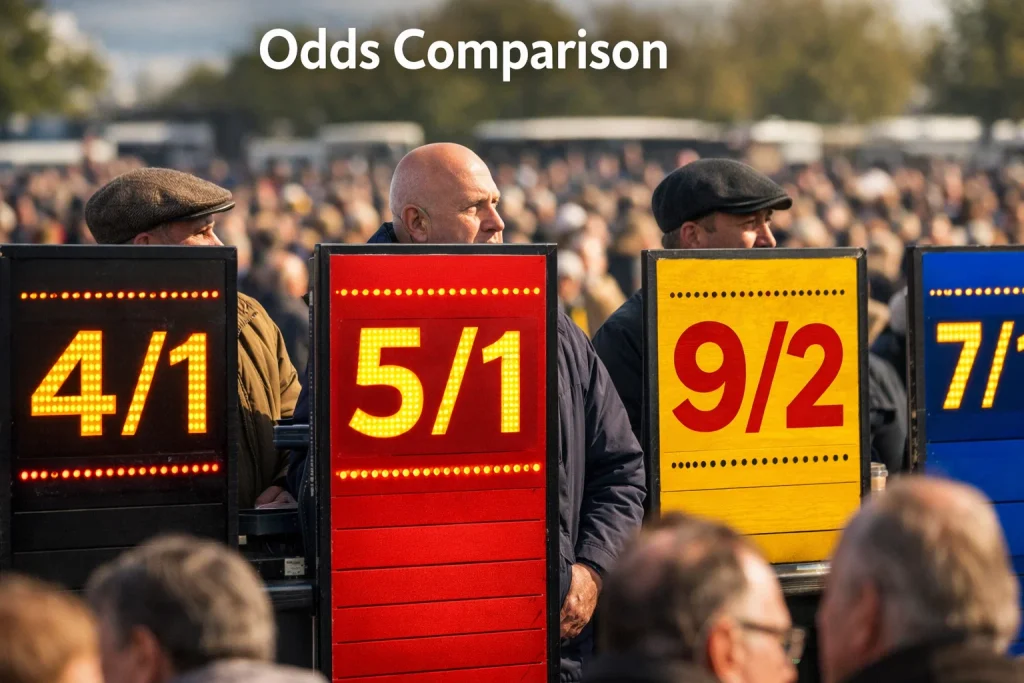 Multiple bookmaker price boards side by side at a British racecourse showing different odds for the same race