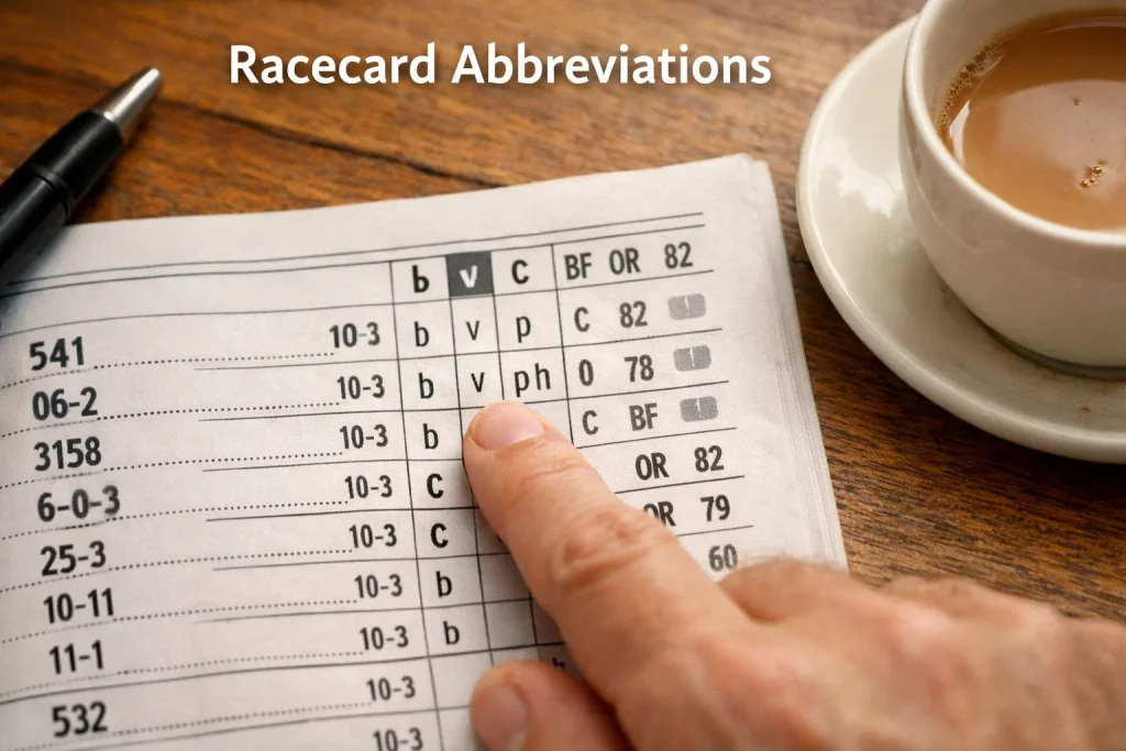 Close-up of a printed UK racecard showing abbreviation columns with form figures and headgear codes highlighted