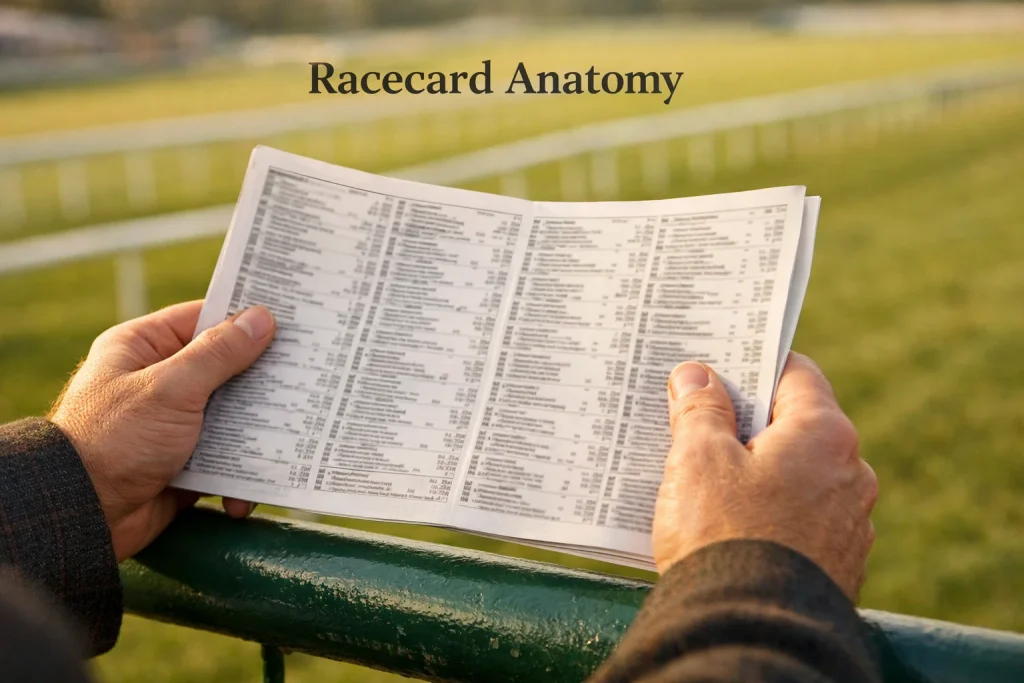 Racecard anatomy showing sections of a UK horse racing card with runner details and odds columns