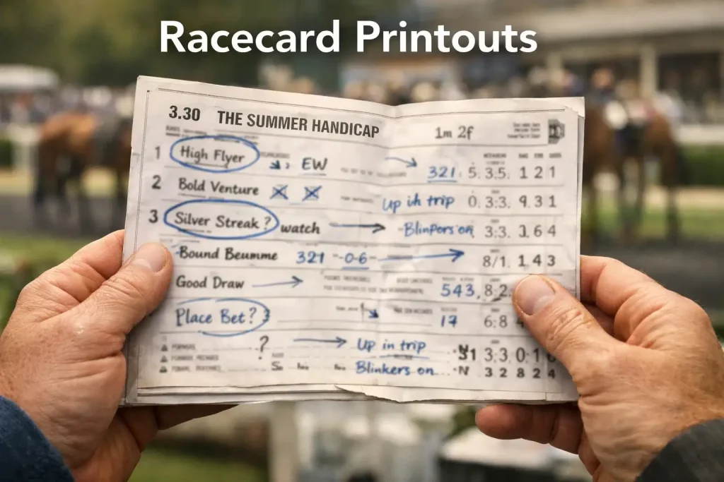 A racegoer holding a printed racecard with handwritten notes and annotations at a British racecourse