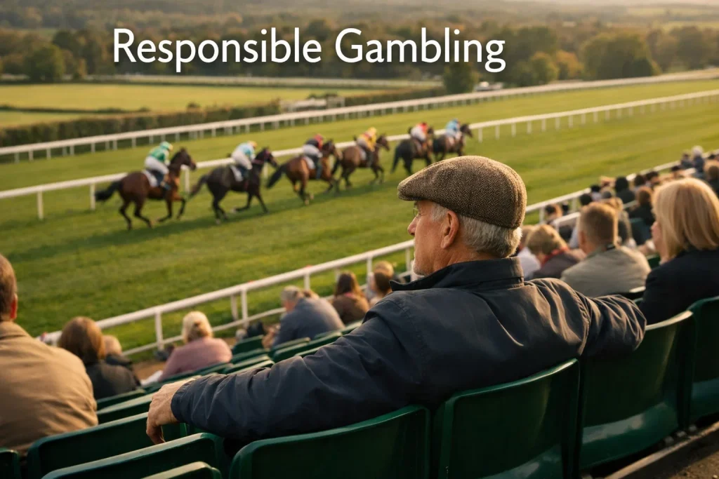 A racegoer calmly watching horses from the stands at a British racecourse, enjoying the sport without a betting slip