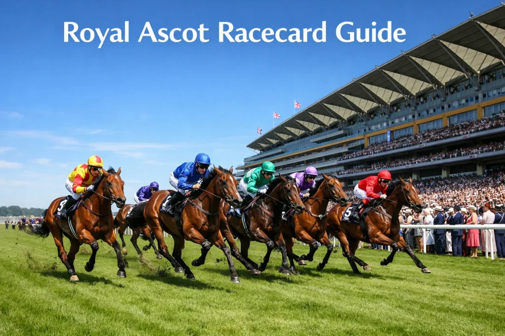 Thoroughbreds racing down the straight course at Royal Ascot with the grandstand and royal enclosure in view