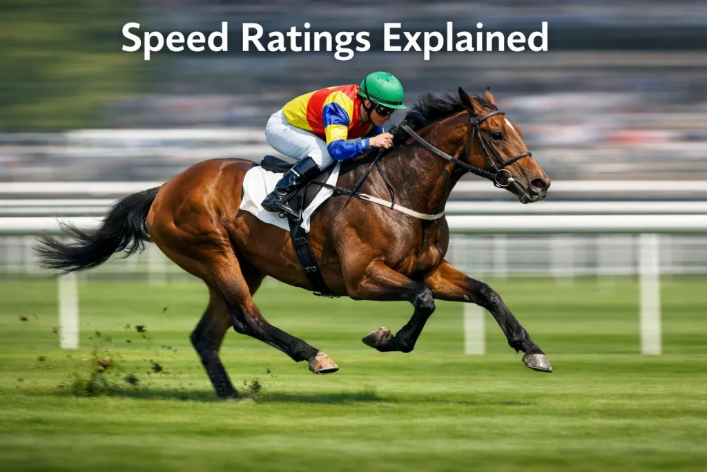 A thoroughbred horse galloping at full speed on a turf racecourse, captured in sharp motion with green grass beneath