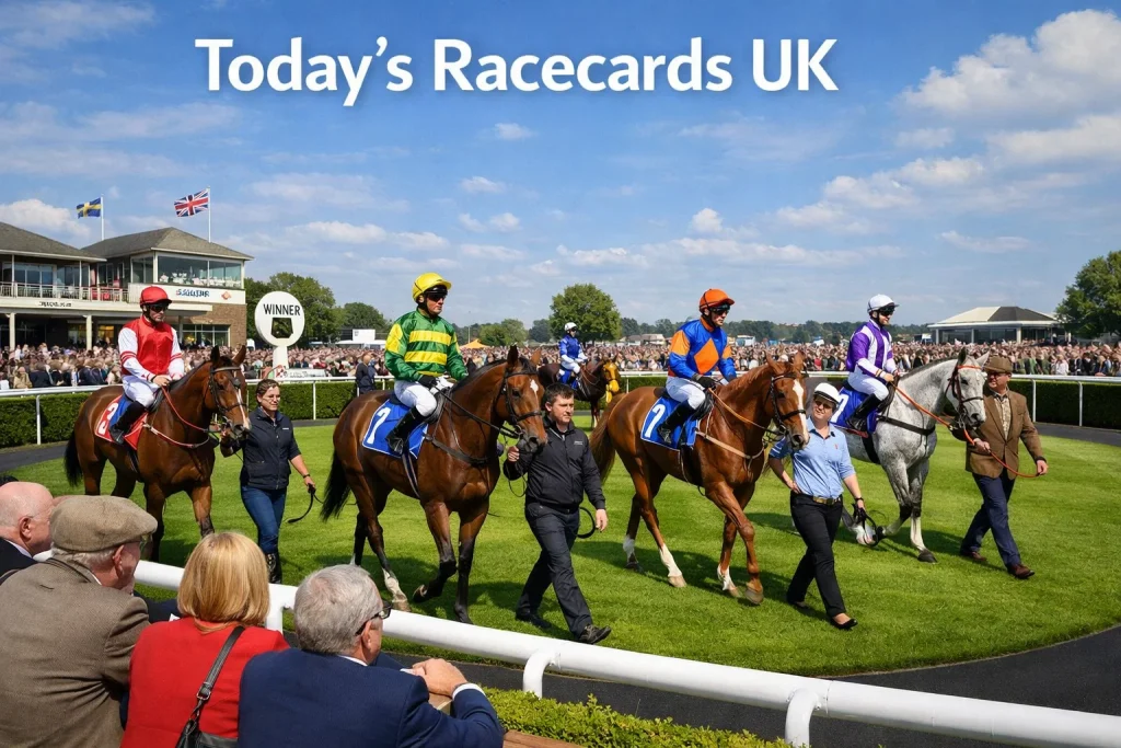 Horses and jockeys lining up in the parade ring at a UK racecourse before today
