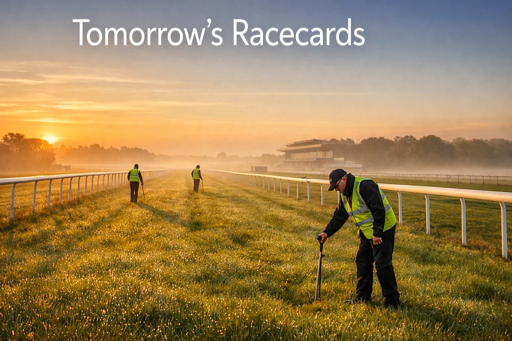An empty British racecourse at dawn with groundstaff inspecting the turf going conditions