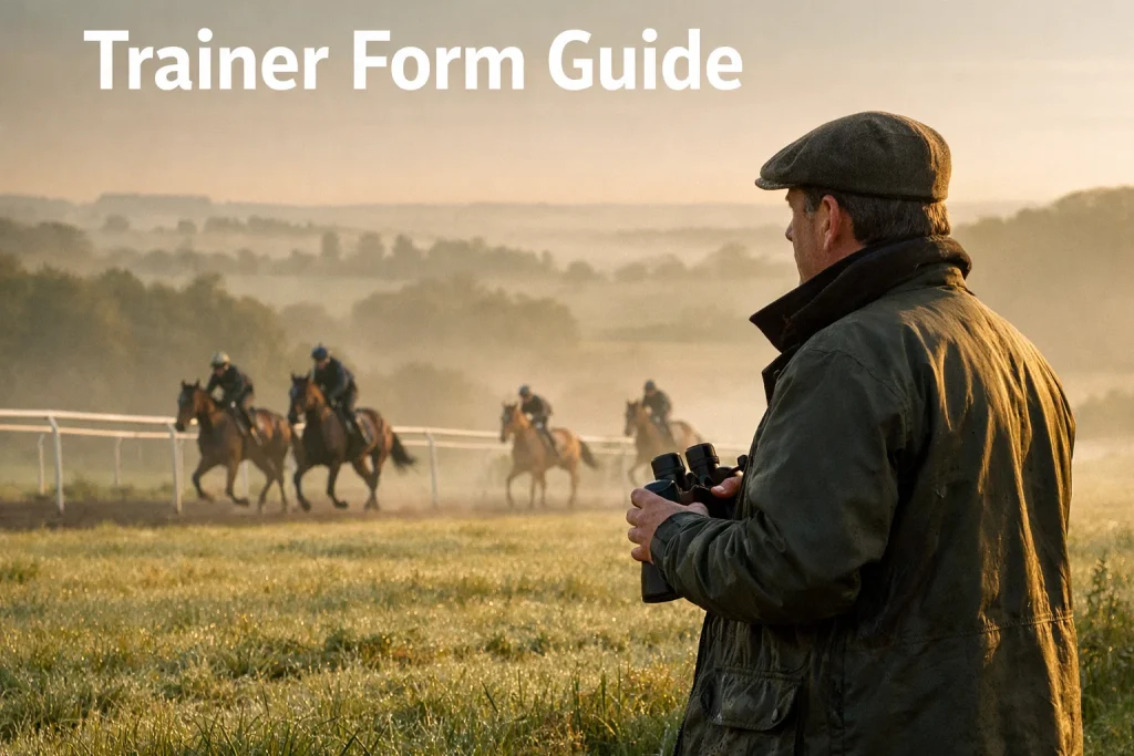 A racehorse trainer watching morning gallops from the edge of a training ground with horses working in the background