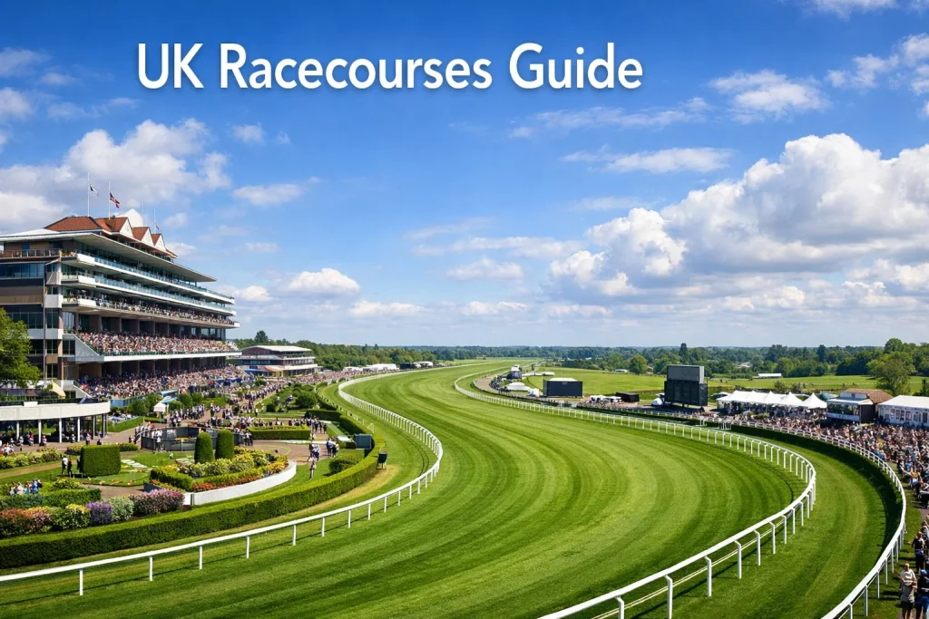 A panoramic view of a classic British racecourse showing green turf, white rails and the grandstand on a race day