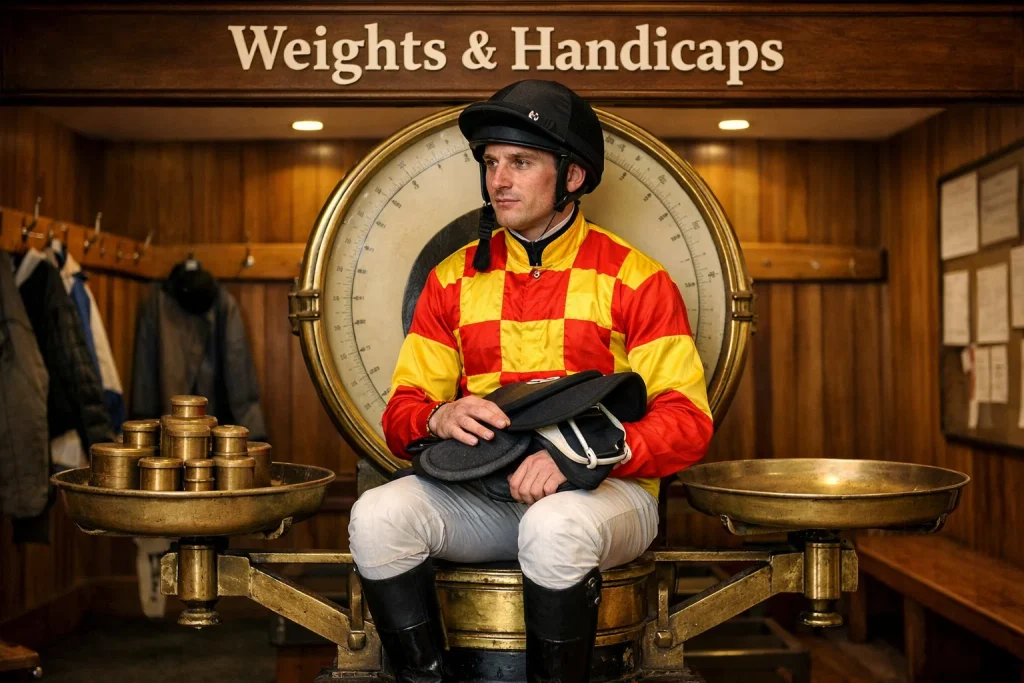 Weights and handicaps in horse racing with a jockey on the weighing scales at a UK racecourse