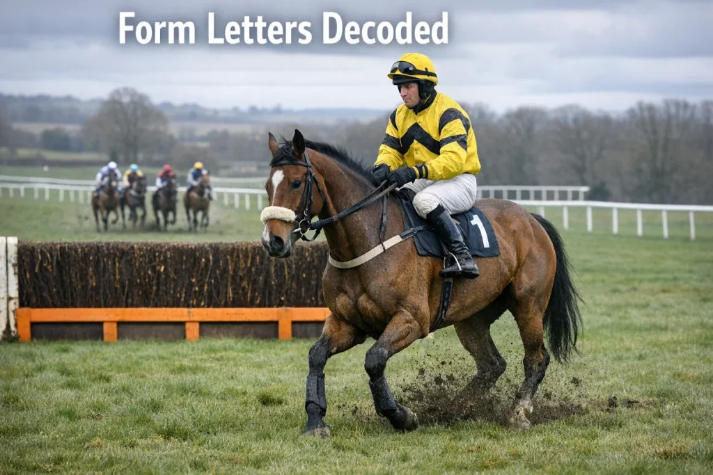 A jockey pulling up a horse during a National Hunt race, slowing down safely before the next fence